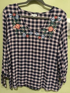 Westport Navy Plaid Floral Embroidered V-Neck Blouse